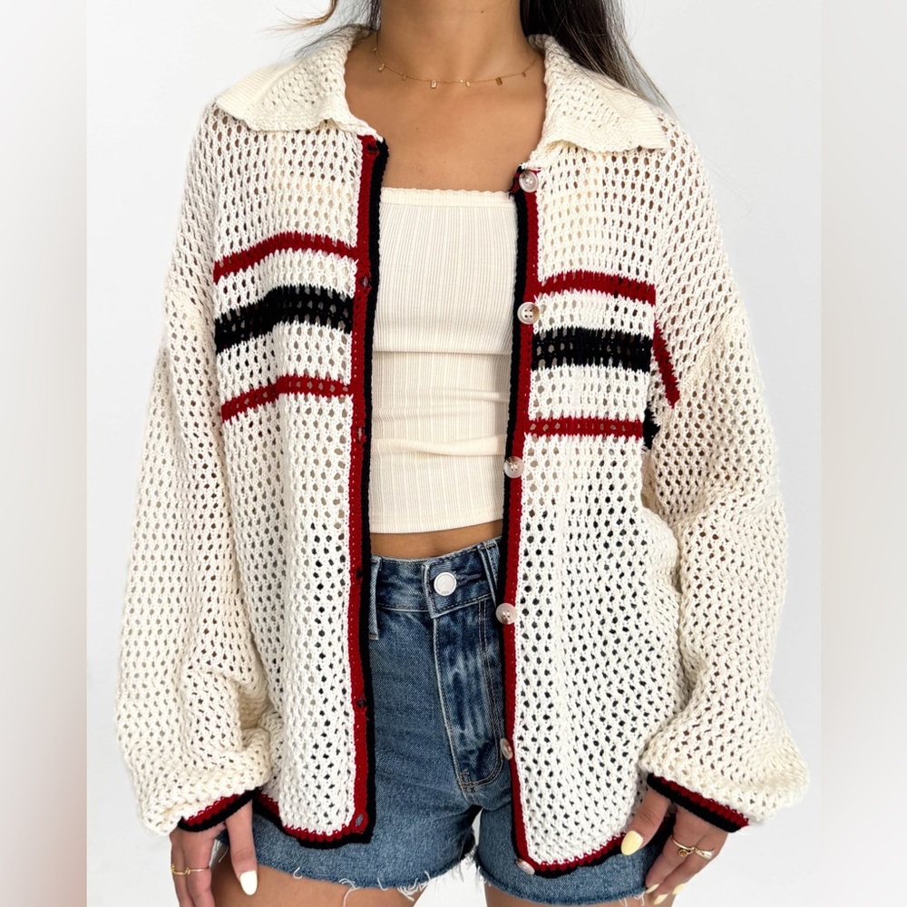 Elegant Cream Cardigan with Red and Black Accents